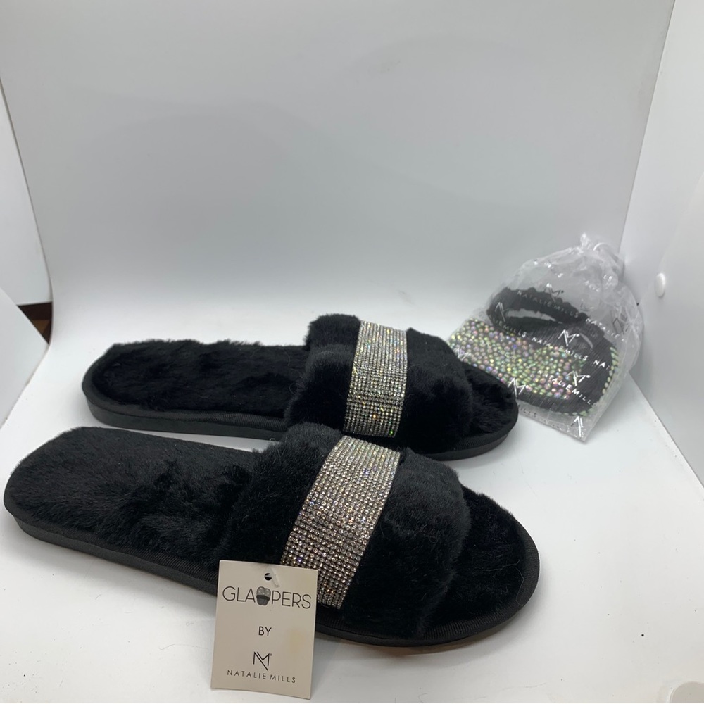 Natalie Mills Rhinestone Faux Fur Slippers